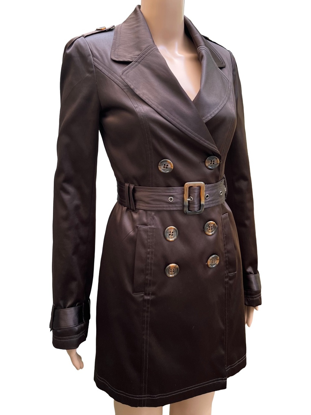 Suzy Chocolate Brown Sateen Belted Trench Coat S